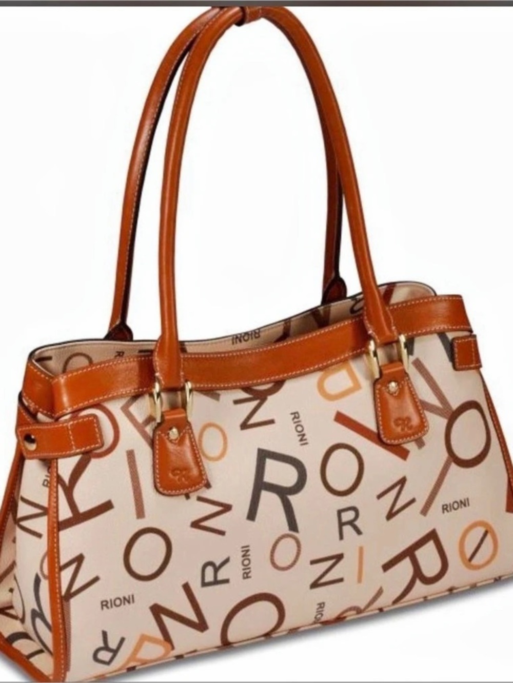 Rioni Moda Italia Signature Logo Tote Bag Tan Brown Leather Trim Large Shoulder